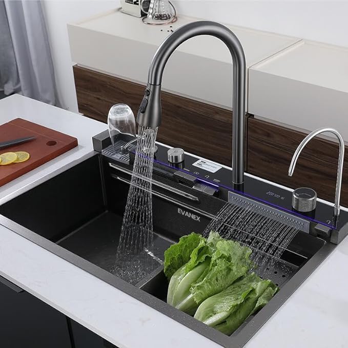 Image of EVANEX Kitchen Sink 30 inchx18 inchx9 inch Inch Piano Sink Kitchen 304 Grade Stainless Steel Single Bowl Waterfall Sink Smart Multipurpose Kitchen Sink with Integrated Waterfall and Pull Down Faucet