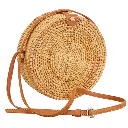 Handwoven Round Rattan Purse for Women, Adjustable Leather Shoulder Strap, Boho Straw Beach Bag, Lightweight & Durable for Travel, Wedding, Vacation