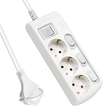 EXTRASTAR 3-Way Flat Plug Multiple Socket, Power Strip with Individually Switchable, 1.5 m Cable Multiple Socket with 4 Switches, Child Lock for Office and Home, White