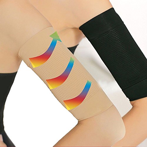 2 Pair Arm Slimming Shaper Wrap Massager, Arm Compression Sleeve Beauty Women Weight Loss Calories Upper Arm Shaper Helps Tone Shape Arms Sleeve Lose Buster Wrap Belt for Women (Black+Beige)
