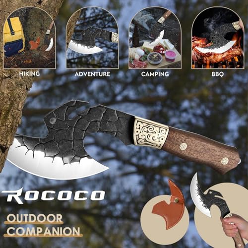 Image of ROCOCO Viking Cleaver Knife Birthday - Full Tang Kitchen Axe Gift Men | Hand Forged Butcher Meat Cutting Boning Knife Home Outdoor BBQ Camping Birthday Father Mother Gift