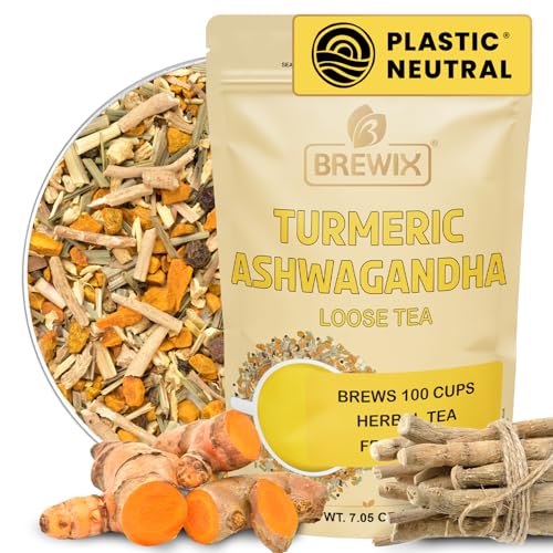 BREWIX, Turmeric Ashwagandha Herbal Tea Loose Leaf (100+ Cups, 7.05oz/200g) Real Ingredients From India, Caffeine Free & Naturally Gluten Free