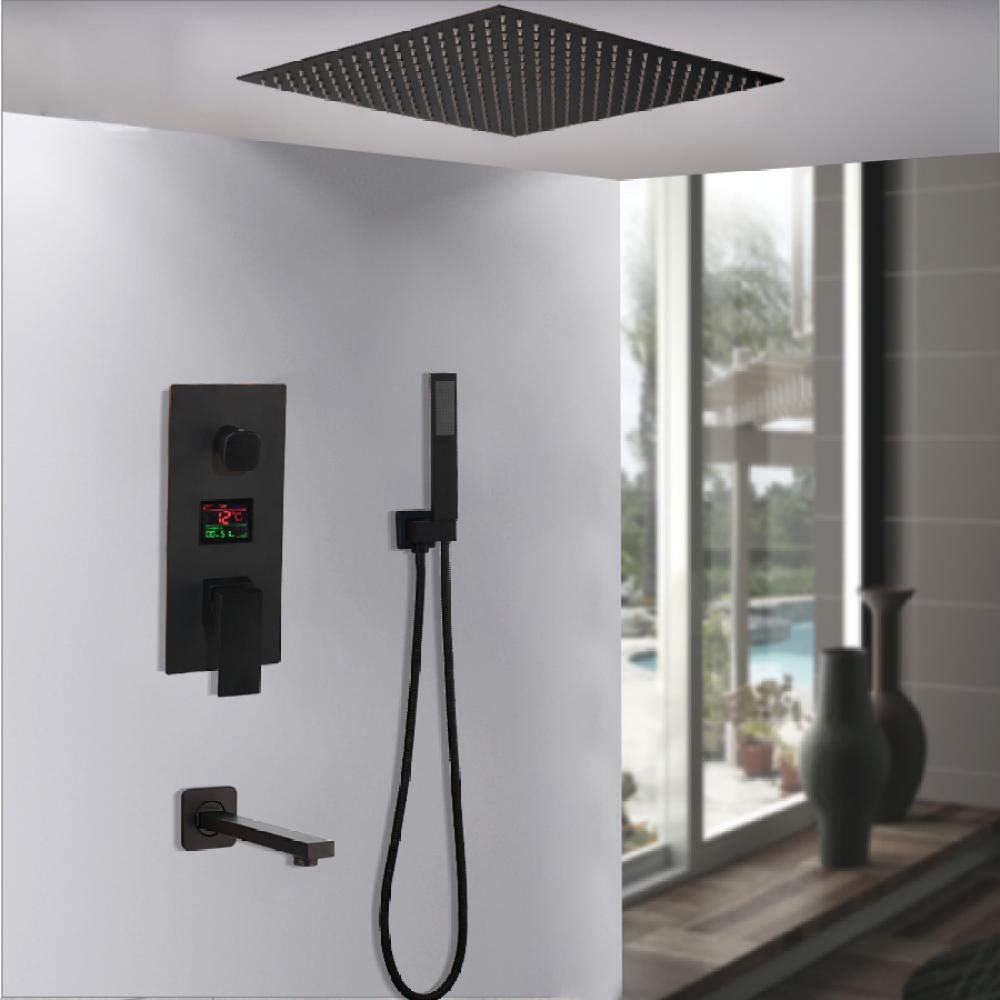 YNIYUJKL 16Inch 3-Way Black Digital Shower Faucets Set Rainfall Shower Head Digital Temp Display Mixer Tap Swivel Tub Spout Bath Shower