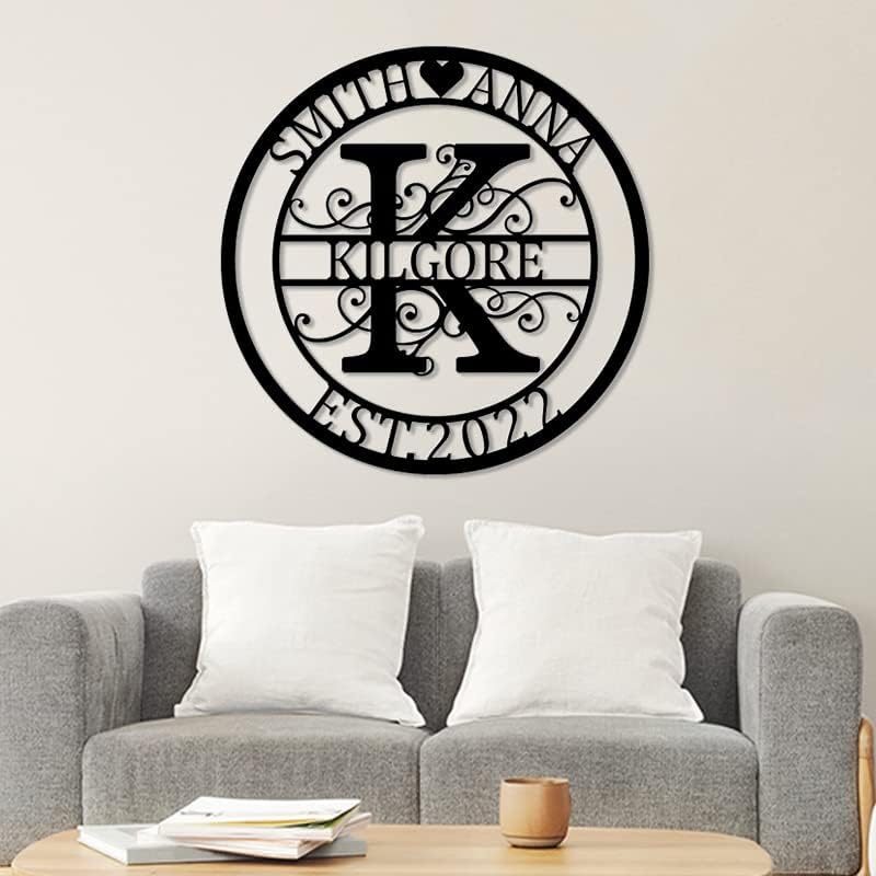 Miniatura 3 de Letra de monograma ornamentada con primer apellido y fecha EST, letrero de nombre de letra dividida  Letrero de metal personalizado con nombres