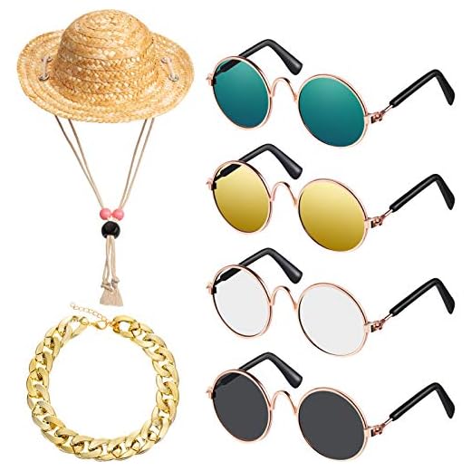 6 Pieces Pet Dog Cat Costume, Pet Sunglasses and Summer Pet Straw Hat with Faux Gold Chain Collar, Classic Funny Pet Accessories for Pet Cat Puppy Small Medium Dog Birthday Cosplay Party (Cute Style)