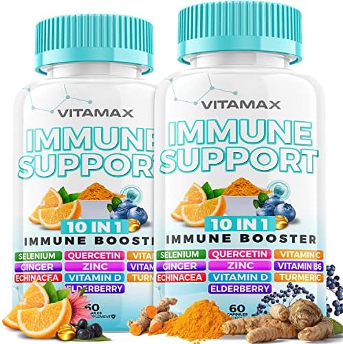 10-in-1 Immune System Support Booster with Elderberry, D3, Selenium, Quercetin, Zinc, Vitamin C, Ginger, Turmeric Curcumin, B6, Echinacea – Natural Immune Defense – Made in USA - 2 Pack (120 Count)