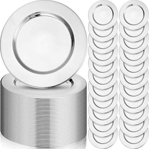 Vesici 50 Pcs Silver Stainless Steel Charger Plates 13 Inch Round Metal Charger Plates Bulk Mirror Elegant Charger Luxury Table Decor for Wedding Dinner Party