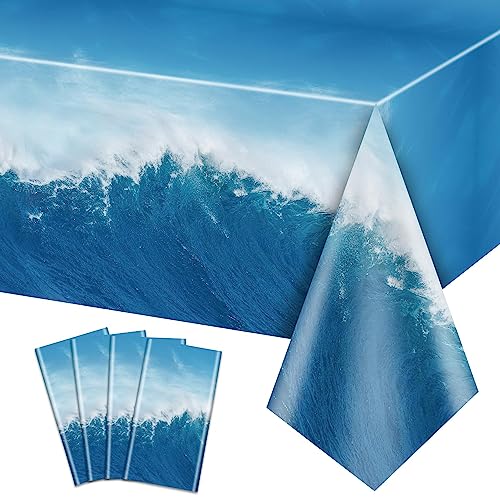 PTECDROTS 4Pcs Ocean Waves Tablecloths Rectangular Water Table Covers Ocean Themed Party Decorations for Beach Pool Mermaid Under The Sea Birthday Party Decorations, 51 x 86 inch