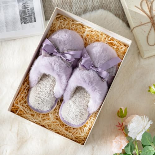 Image of GOEWY Cute Women's Memory Foam House Slippers - Fuzzy Plush Faux Fur Slippers with Bow Butterfly Tie - Anti-Skid Indoor /Outdoor Gifts for Women, Moms & Ladies