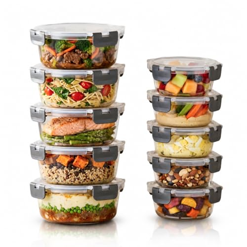 Straame Glass Meal Prep Containers with Airtight Lids 10-Pack (5×950ml + 5×400ml) Reusable Glass Food Storage Containers with Lids Leakproof Freezer Ov-en Microwave & Dishwasher Safe (Round)