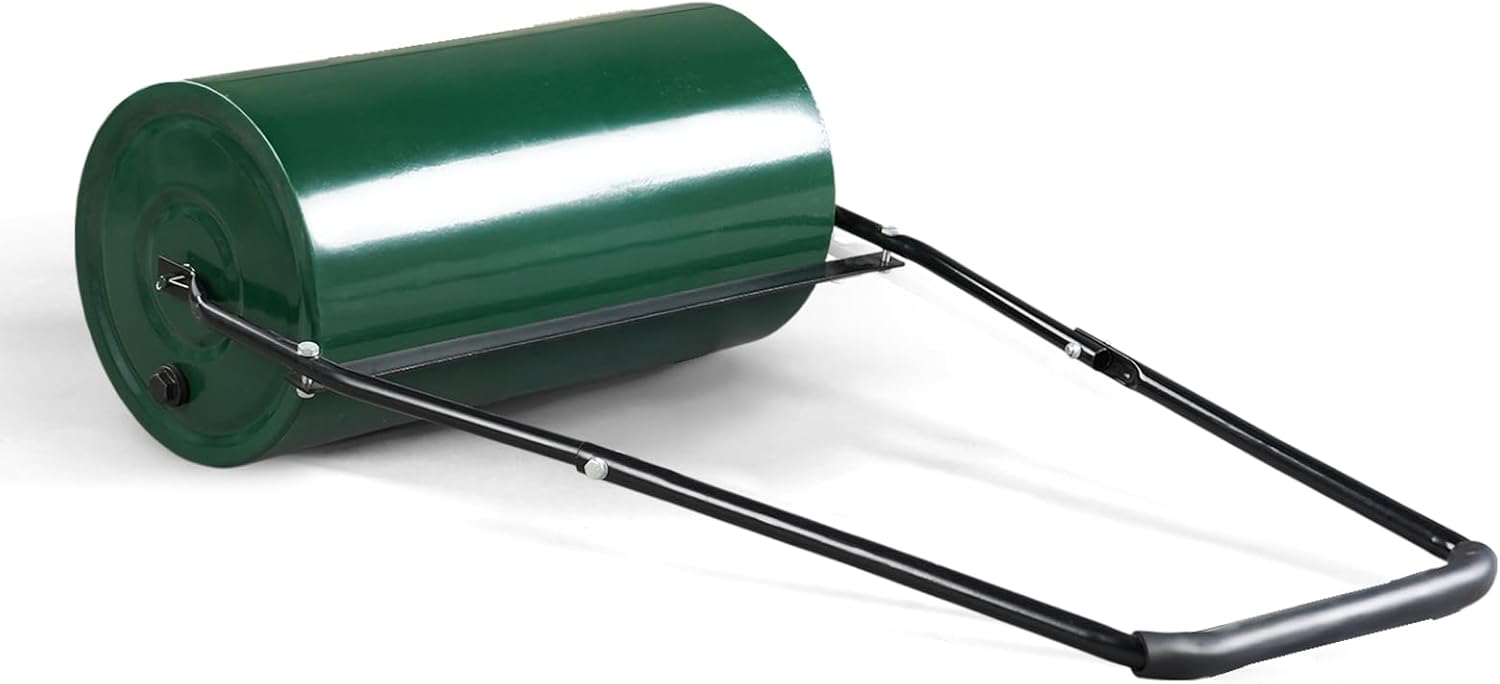 VINGLI 24 Inch Lawn Roller - 13 Gallon Water/Sand Filled Heavy Duty Steel, U-Shaped Handle, Drain Plug for Smooth Lawns & Yard Maintenance