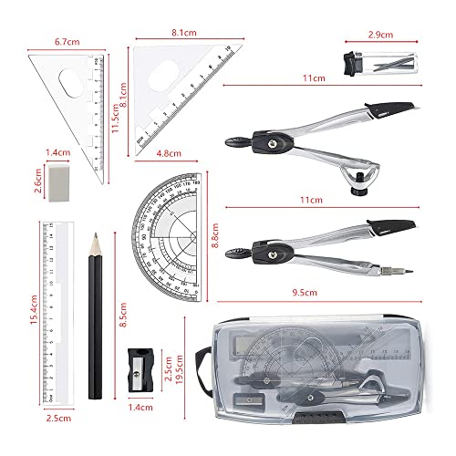 TAORANJU Conjunto de kit de geometria matemática, conjunto portátil de matemática escolar com réguas