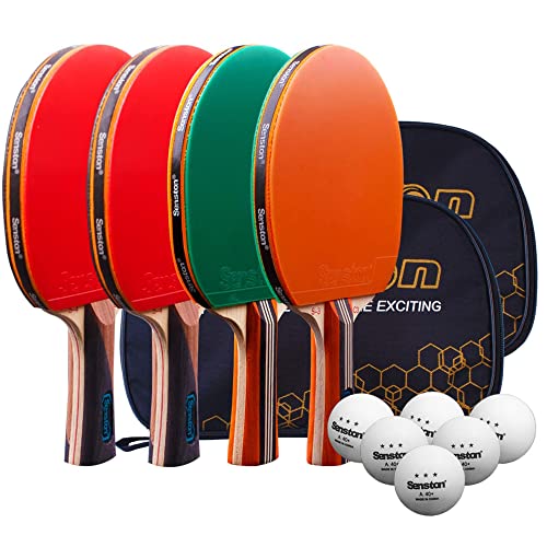 Senston Raquettes de Ping-Pong Set, 4 Raquettes de Tennis de Table, 6 Balles de Tennis de Table, pour Les activités en Famille, École et Club de Sport