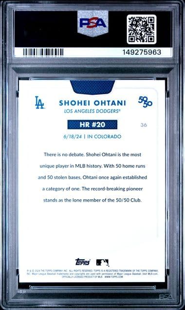 Graded Psa Gem Mint 10 Shohei Ohtani #36 Baseball Card 50/50 Home Run And Stolen Bases Club Dodgers 4 time Mvp Superstar. Celebrate Home Run #20 During His Record Setting Season