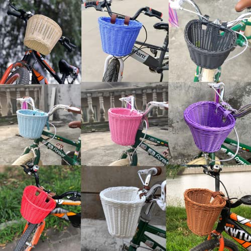 Fahrradkorb für Kinder, SILARLAIT Kinderfahrradkorb Vorne Geflochten aus Kunststoff mit Lederriemen, Abnehmbar, Fahrradkorb Lenker Kinder für für Junge und Mädchen