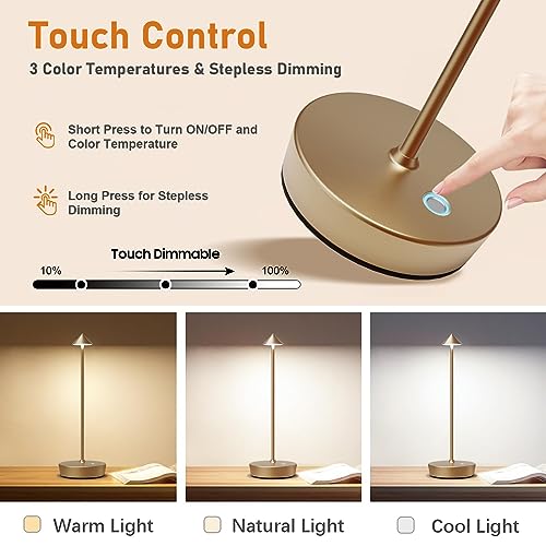 Set of 2 Rechargeable Cordless Table Lamp,6000mAh LED Battery Operated Desk Lamp Touch 3 Color Dimming Portable Outdoor Waterproof Table Light for Patio/Restaurant/Dining/Home (Bronze)