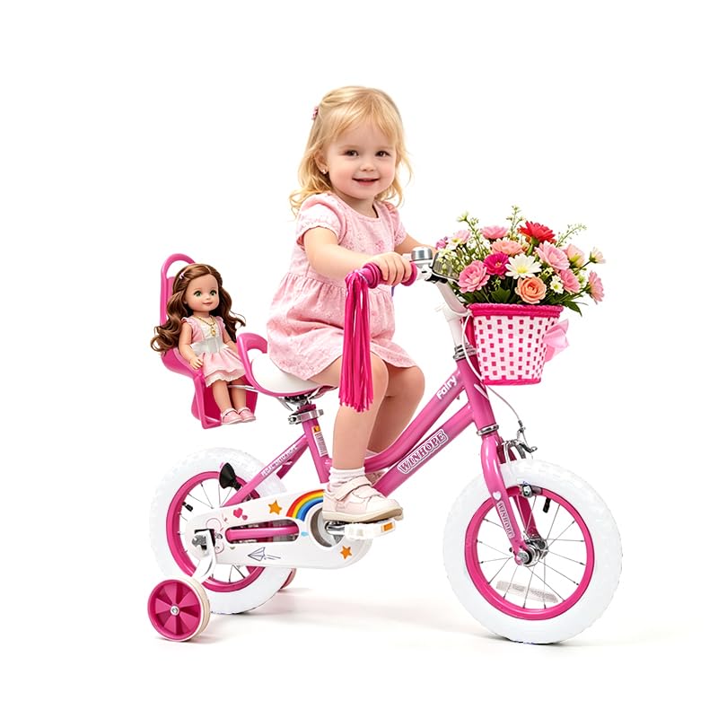 Image of WinHope Girls Bike with Doll Seat, 12 14 16 18 20 Inch Kids Bike for 2-12 | Dual Brake with Training Wheels / Kickstand & Streamers Birthday Gift for Toddler Outdoor Riding, Multiple Colors