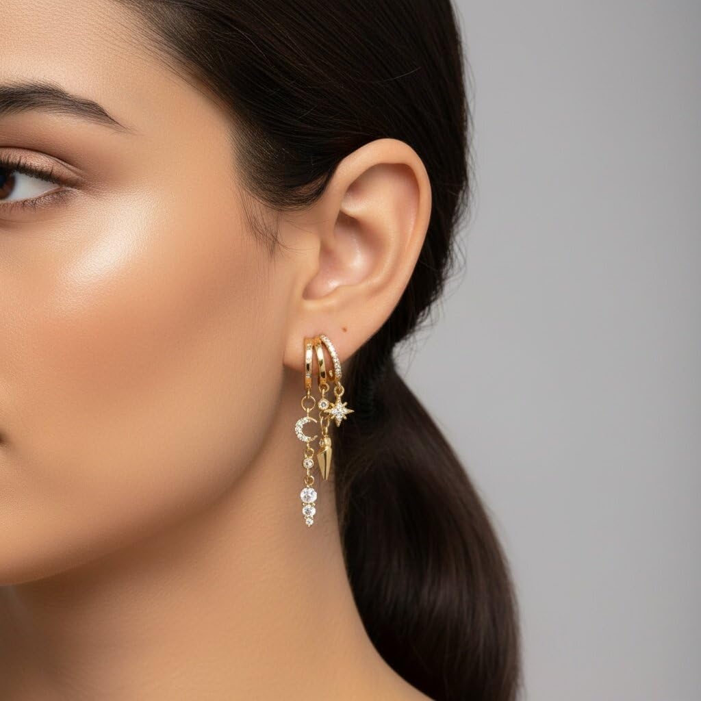 Gold Dangle Earrings for Women Fashion Cubic Zirconia Moon Star Cross Dangle Drop Earrings Dainty 14k Gold Plated Triple Huggie Tassel Stud Earring Festival Party Prom Statement Jewelry for Women - Image 3