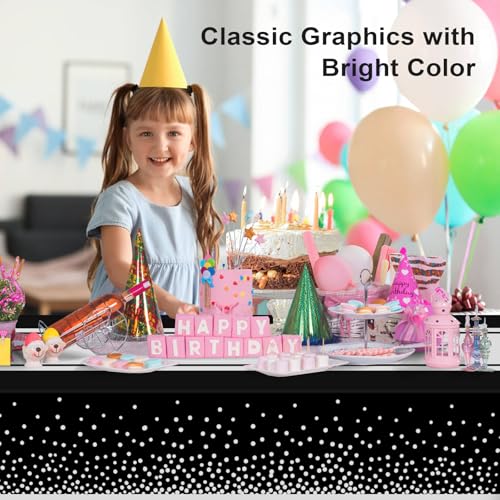 Image of 4 Pack Black and Silver Tablecloth Party Decorations Plastic Black Tablecloth Printed Silver Table Runner 54 x108 Inch Disposable Rectangle Table Cover for Birthday Wedding Graduation