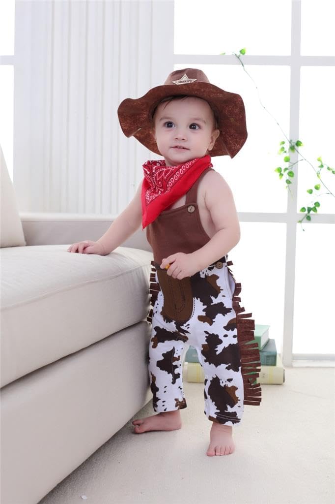 Dressy Daisy Baby Toddler Kids Boys Western Style Cowboy Overalls Costume Outfit Set with Bandana and Sheriff Hat, Brown