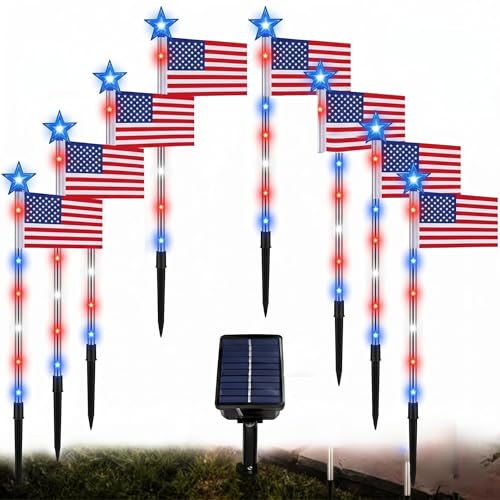 4th of July Decorations Outdoor,8 Pack Solar American Flag Pathway