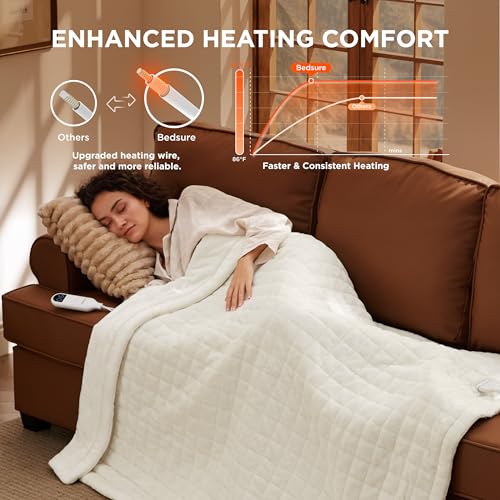 Image of Bedsure Heated Blanket Throw Blanket - Quilted Electric Blanket, Soft Flannel Thick Heating Blanket with 4 Time Settings & 6 Heating Settings, Warm Gifts for Women Men (50x60 inches, Ivory)