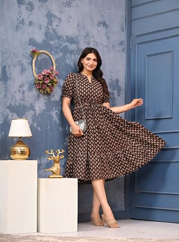 Image of LABEL ADRIJA Pure Cotton Calf Length Midi Dress for Women Floral Print | Flared Anarkali Dress Puff Sleeves