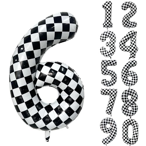 40 Inch Checkered Number Balloon 6 Black and White Number 6 Balloon Foil Helium Balloons for Birthday Party Decoration Girls Boys Baby Shower Anniversary Decoration Race Car Party Decoration