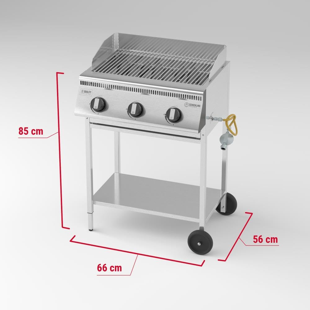 Schickling Gasgrill "Henry L - Basic" Premium BBQ Grillwagen komplett aus Edelstahl mit 3 Brennern – Made in Germany: 3-teiliger Grillrost, Fettschublade | Grillfläche: 55 x 33 cm
