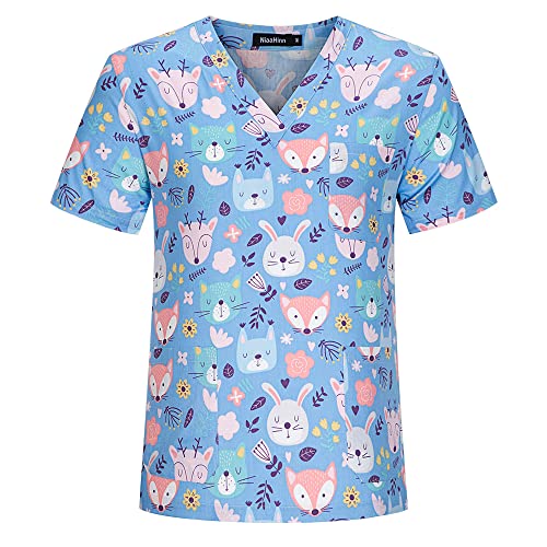 niaahinn Cartoon Scrub Tops for Women, Breathable Print Nurse Uniforms Short Sleeve V-Neck Shirts Tee Tops with Pockets (62033,M,Medium)