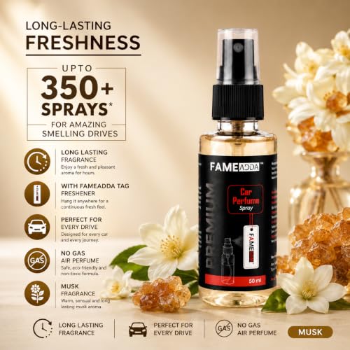 Image of Musk Premium Car Perfume Luxury Spray 50 ML with Hanging Card /Travel Friendly Car Air Fresheners 350+ Sprays /Car Accessories Interior /Eliminates Bad Odour for Car, Office & Home