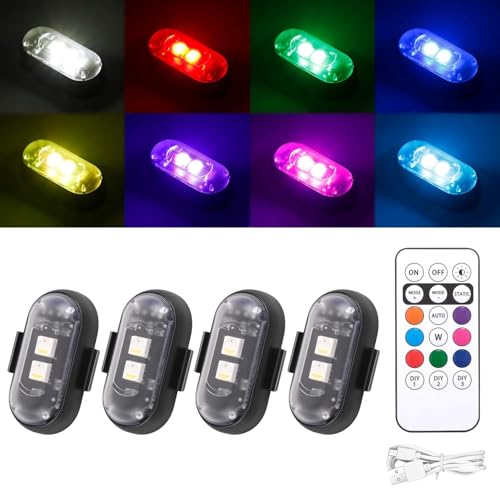 4PCS Wireless LED Strobe Lights for Car with Remote Control, Interior Car Lights,Luces Led para Carro, 8 Colors USB Charge IP65 Waterproof for Car LED Lights Interior/Motorcycle/Bike