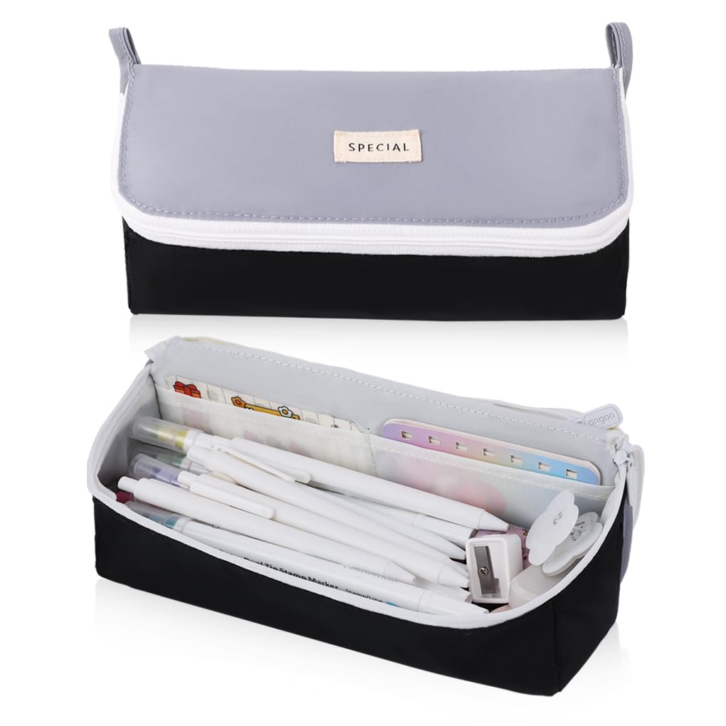 Oyachic Wide Open Pencil Case Flip-Top Large Pencil Pouch Pen Holder Bag Office Stationery Asthetic Supply Organizer Marker Zipper for Adults (Grey)