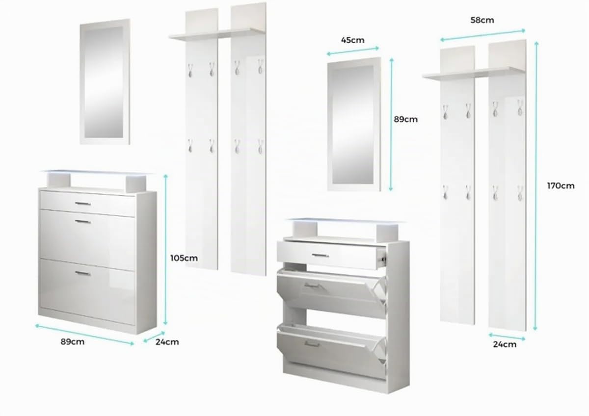 MB Muebles Bonitos, Set Scarpiera Ingresso Paola, con Specchio e Attaccapanni, LED, Melamina, Bianco e Grigio