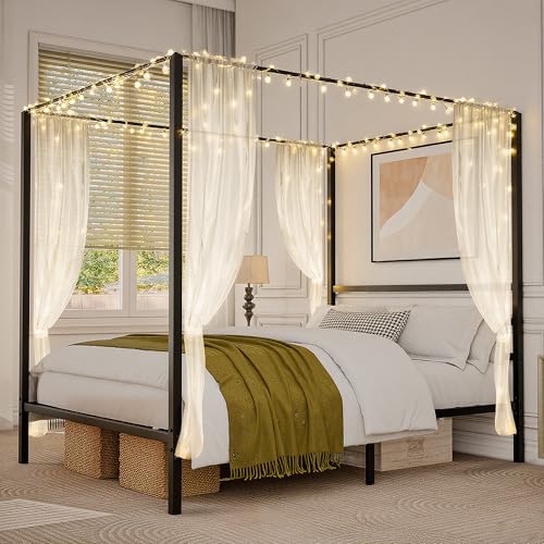 SUPER DEAL Metal Canopy Bed Frame Queen Size, Built-in Headboard Four Poster 14 Inch Platform...