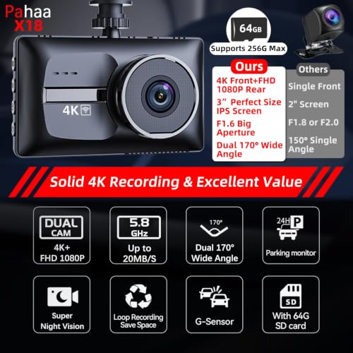 X18 4K Dual Dash Cam Front and Rear, Free 64GB Card Support 256G Max, 5.8G WiFi - up to 20MB/s Fastest Download Speed with App, 4K 2160P/FHD Dash Camera, 3" IPS, G-Sensor,24H Parking Mode — view 2
