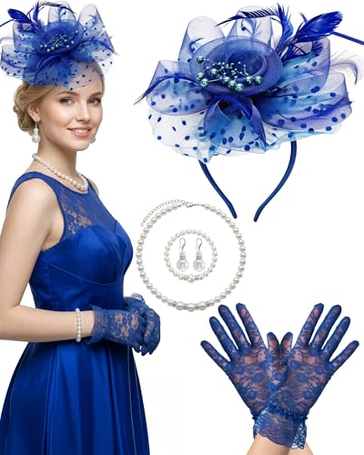 Thstdhy Fascinators Hats for Women Tea Party Fascinator Headband with Gloves Tea Party Accessories for Ladies Royal Blue
