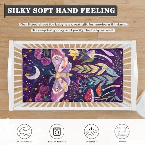 Image of Mushroom Moth Crib Sheets for Baby Girls - Super Soft, Breathable Fitted Sheets (28''x 52'') - Butterfly Moon, Purple