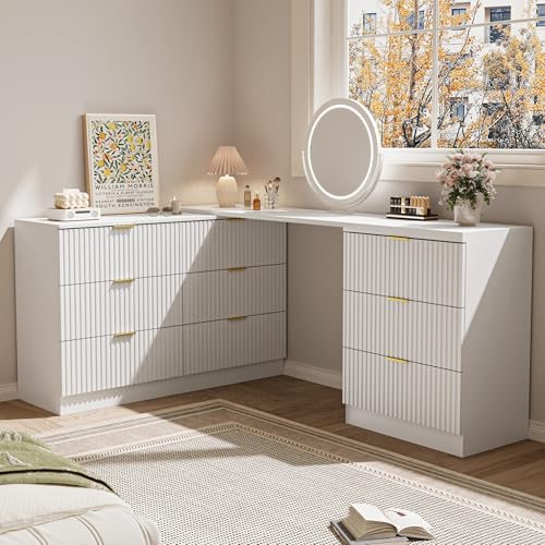 MAISONARIA L-Shaped Rotatable 9 Drawer Dresser for Bedroom 71 Wide Deformable White Dresser with Gold Metal Handles Modern Fluted Chest of Drawers for Bedroom Living Room Entryway Hallway