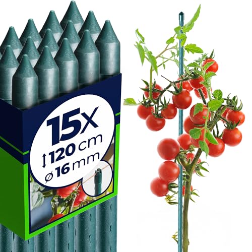 KADAX Lot de 15 Tuteurs en Acier avec revêtement - 120 cm x 16 mm - Tuteur pour Plantes - Résistant aux intempéries - Tuteur à tomates avec Crochet
