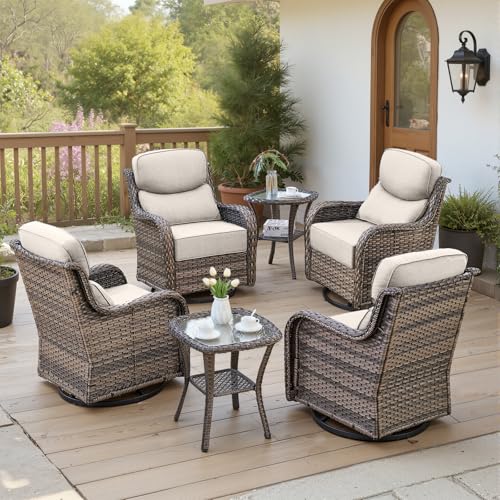 Belord Luxury 6" Thick Cushioned Outdoor Swivel Rocker Patio Chairs Set of 4 with Side Table, High Back Wicker Furniture Set with Ergonomic Zone Back, Conversation Set for Deck Porch - Grey+Beige