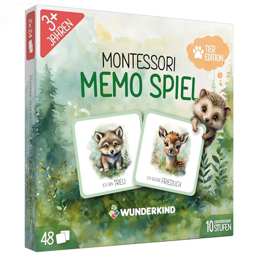 Wunderkind Montessori Memory ab 2 Jahre - Tierbaby Memorie mit 48 Karten - Fördert Konzentration Gedächtnis & Sprache - Montessori Spielzeug mit Affirmationen (Tiere)