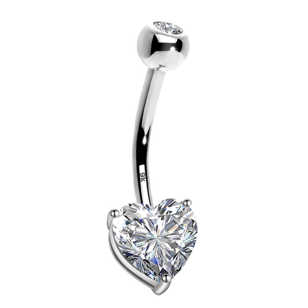 Photo 1 of OUFER Belly Navel Rings 9K Solid White Gold Belly Button Rings Cubic Zirconia Heart Solitaire Belly Button Rings Navel Rings Body Piercing Jewelry