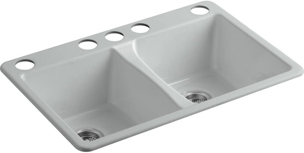 KOHLER K-5873-5U-95 Deerfield Double Bowl Undermount Kitchen Sink with Five Hole Drilling, Ice Grey