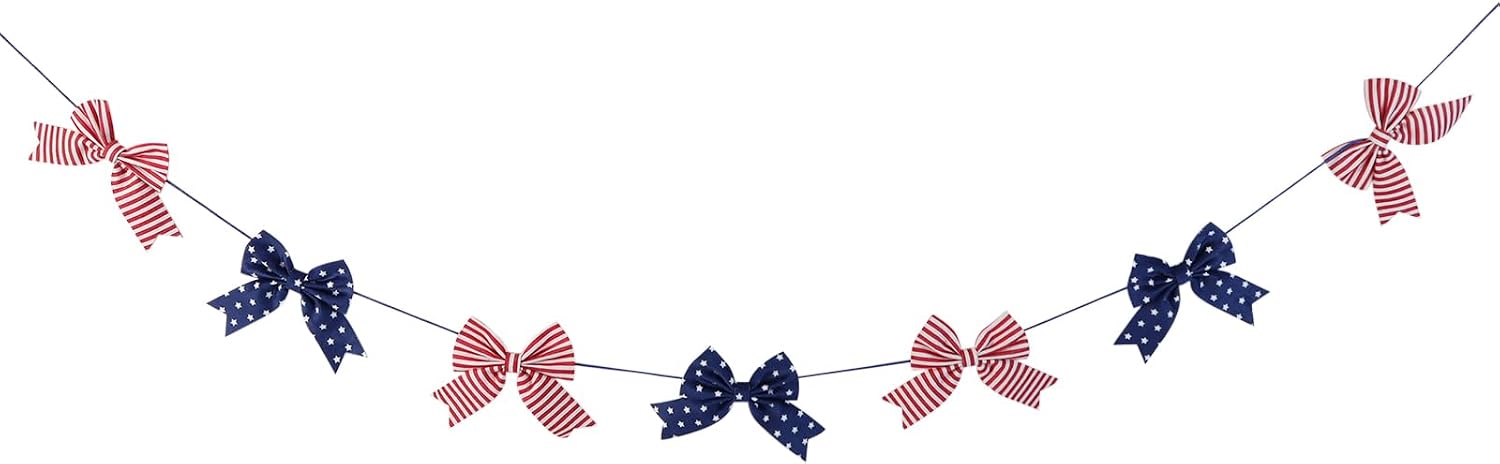 4th of July Garland 6FT, Patriotic Red White Blue Bow Garland with Alternating Bows for Independence Day Memorial Day Labor Day Party Decorations