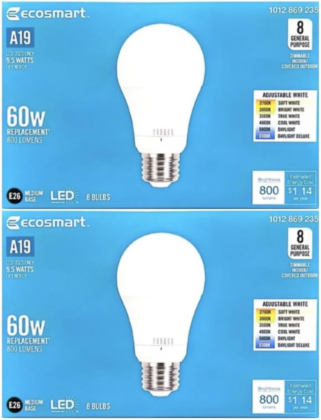 EcoSmart A19 60 Watt Equivalent with Selectable Color Temperature Dimmable LED Light Bulb (16-Pack)