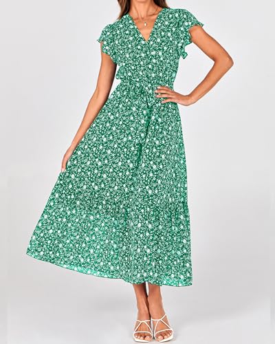 Image of BTFBM Women Summer Bohemian Floral Casual Wrap V Neck Ruffle Cap Sleeveless Belt A-Line Pleated Hem Midi Sun Dress White