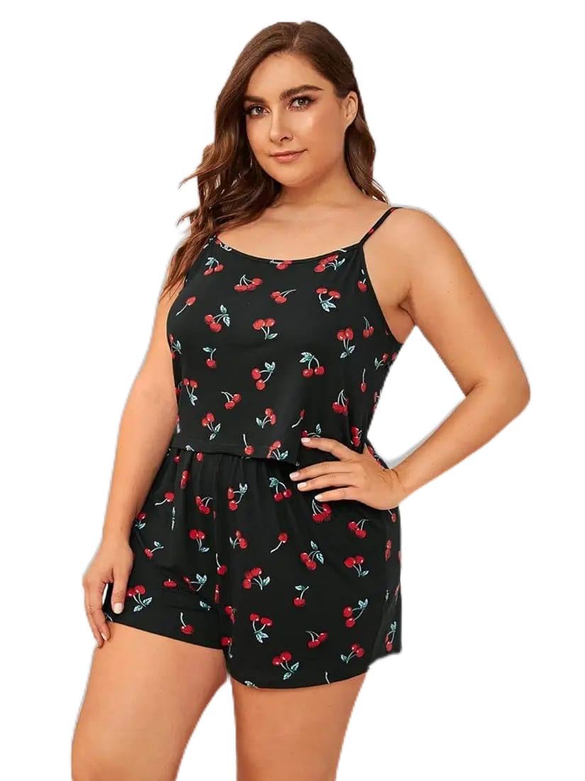Free Size Cherry Print Romper, Black Spaghetti Strap Summer Playsuit-image-31