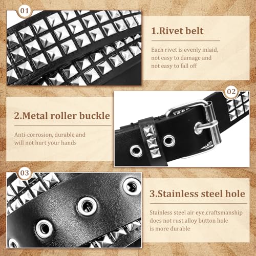 2 Pcs Black Studded Belt Set Y2K Star PU Leather Belt Gothic Punk Rock Belt with Metal Pyramid Grommets for Women Men4