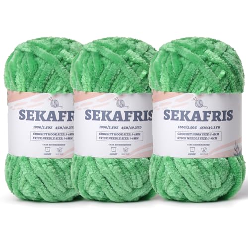 Image of Fuzzy Chunky Chenille Yarn for Crocheting,Soft Plush Yarns for Hand Knitting,Bulky 3x100g(3x49.2 yd) Baby Blanket Yarn for Crocheting Amigurumi,Crochet Fluffy Velvet Yarns (Green)
